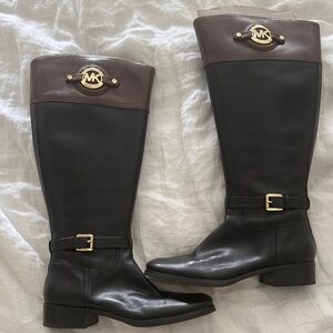 Michael Kors Black and Brown Leather Boots with Gold Accents